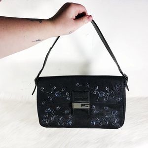 Guess Beaded Denim Baguette Bag